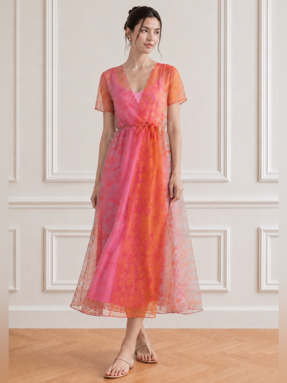 Brand New STAUD Filippa Organza Wrap Dress with Slip in Orange & Pink Size M